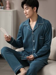 Men's Sleepwear Autumn Winter 100% Cotton Pijama for Men Dormir Lounge Pyjamas Blue Bedgown Home Clothes Man Bedroom PJ Pyjamas 230131