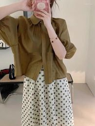 Women's T Shirts Woman Blouses Summer Fashion Short Thin Section Puff Sleeves Army Green White All-match Shirt Dolid Women Clothing