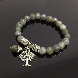 Charm Bracelets Natural Labradorite Stone Bangles Mala Beads Real Tree Reiki Healing Meditation Energy Women MenCharm