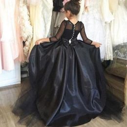 Girl Dresses Black Flower For Girls Jewel Long Sleeve Pageant Teens Kids Formal Wear Party Communion