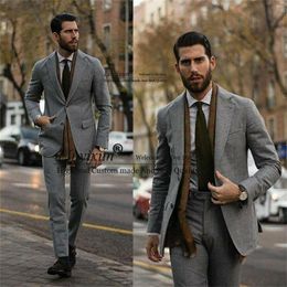 Men's Suits Autumn/Winter Grey Wool Men For Wedding Groom Tuxedos Slim Fit 2 Pieces Set Business Man Prom Blazer Terno Masculino
