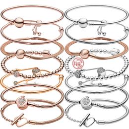 Beaded Rose Gold Crown Heart T-Bar Snake Chain 925 Sterling Silver Bracelet Fit Original Brand Charm Beads DIY Women Fine Jewelry 230131