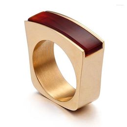 With Side Stones Gold Colour Stainless Steel Fashion Ring For Women Wedding Jewellery Big Red Glass Stone Inlaid