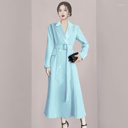 Women's Trench Coats Early Autumn Elegant Blue Suit Collar Tight Waist Slim Coat Long Dress Socialite Temperament Slimming Overcoat Women