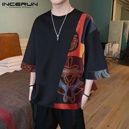 Men's T-Shirts INCERUN Men Casual T Shirt Loose Printed Patchwork Round Neck Half Sleeve Vintage Tees Streetwear Mens T-shirts Plus Size 230131