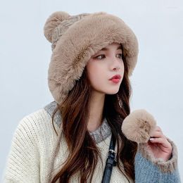 Berets Woman Autumn Winter Mink Knit Bomber Hat Thick Female Fluffy Pompom Outdoor Warm Windproof Earflap Trapper Snow Ski Caps Delm22