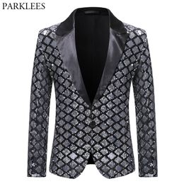 Men's Suits Blazers Silver Sequin Plaid Blazer Jacket Men Fashion Slim FIt One Button Dress Suit Blazer Male Party Wedding Stage Costume Homme 230130