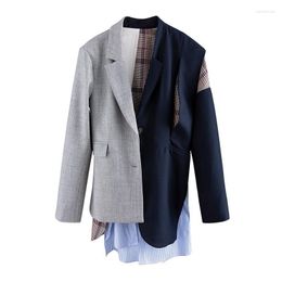 Women's Suits EVLOOKS Irregular Striped Blazers For Women Notched Long Sleeve Patchwork Plaid Hit Colour Coats Female 2023 Autumn Clothing