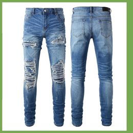 Men's Jeans Cracked Patches Concealed Ripped Slim-cut Denim for Man ZSX