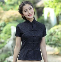 Women's TShirt Sexy Black Lace Summer Short Sleeve Blouse Chinese Vintage Button Shirt Mandarin Collar Clothing M L XL XXL XXXL 25201 230131