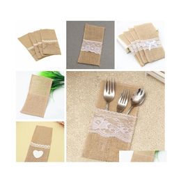 Mats Pads Natural Burlap Utensil Holder Knifes Forks Bag Cutlery Pouch Party Bridal Shower Wedding Tableware Bags Table Decoration Othsi