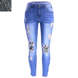 European and American high-end jeans high-waisted elastic jeans pencil leggings worn patch patchwork 9136H06