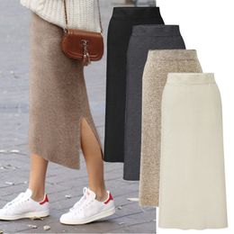 Skirts Fashion Autumn Winter Korean Knitted Women Skirts Large Size Elastic Waist Split A-line Skirts Female Plus Size Skirts 230217