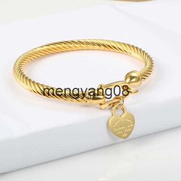 Charm Bracelets Titanium Steel Bangle Cable Wire Gold Colour Love Heart Charm Bangle Bracelet With Hook Closure For Women Men Wedding Jewellery Gifts1 T220131