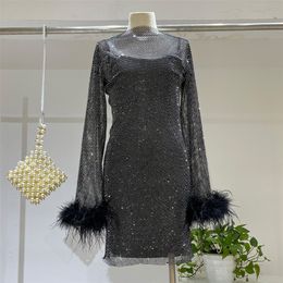 Casual Dresses H80 S90 Bling Women Sexy Holiday Fashion Streetwear Diamnond Mesh Hollow Out Slash Neck Feather Cuff Dress 230130