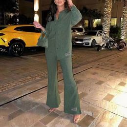 Women's Tracksuits Casual Shirt Pleated Two Piece Set Solid Loose High Waist Wide Leg Pants Suit Elegant Office Ladies Female Outfits 230131