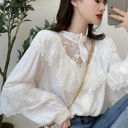 Women's TShirt Fashion Ruffle Lace Stitching Blouses Women Korean Stand Collar Ladies Tops Vintage Shirts Sweet Loose Clothes Blusas 11335 230131