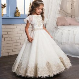 Girl Dresses Floor Length Lace Appliqued Tulle Short Sleeves Flower Girls Dress Performance Dance Gown