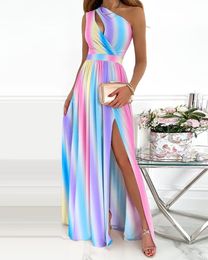 Casual Dresses Women Rainbow Gradient Print High Waist Body Dress 230131