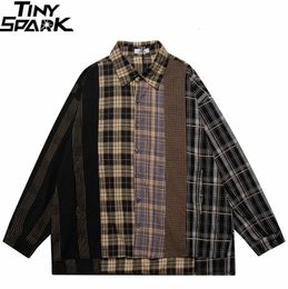 Men's Casual Shirts Men Plaid Streetwear Retro Vintage Checkered Patchwork Hip Hop Harajuku Long Sleeve Cotton 230130
