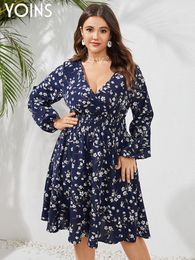 Plus size Dresses YOINS Size Bohemian Floral Print Mini Dress Women's Long Sleeve V Neck Autumn Vestidos Ruffled Pleated Casual Short Robe 230130