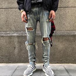 Men's Jeans Skinny Ripped Grid Stretch Slim Denim Pants Man Elastic Waist Patchwork Hole TrousersMen's