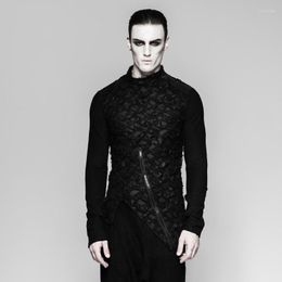 Men's T Shirts PUNK RAVE Men Mandarin Collar Decadent Heavy Long Sleeve T-shirt Autumn Elastic Knit Asymmetric Hem Personality Mesh Top