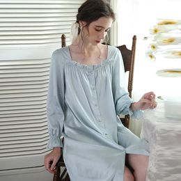 Women's Sleepwear Long Sleeve Silk Satin Vintage Court Style Nightgown Chemise For Women Loungewear Square Collar Dress Pyjama