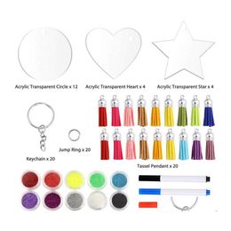 Keychains Lanyards 93Pcs Sequins Keychain Acrylic Blank Clear Star Heart Circle Discs With Colorf Tassel Key Rings For Diy Project Dhiv6