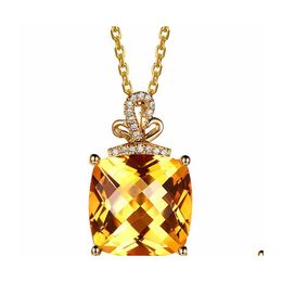 Pendant Necklaces 18K Gold Luxury Square Citrine Yellow Tourmaline Crystal Gemstone Cz Necklace For Women Wedding Jewelry Drop Deliv Dhof7