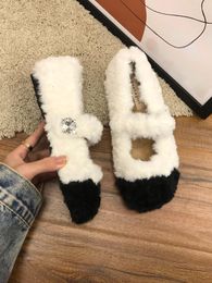 Sandals Autumn Korean Sweet Wool Women Patchwork Kawaii Casual Flat Shoes Female Pure Colour Non-slip Comfortable 2023