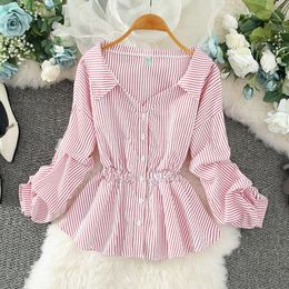 Women's TShirt Fashion Striped Tops Casual Long Sleeve Elastic Waist Women Blouse Ladies Vintage Design Chic Female 230131