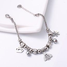 Charm Bracelets Cute Bee Snow Crown Pendant Stainless Steel Bracelet For Women Silvery Clear Crystal Gig Glass Popcorn Chain Jewellery