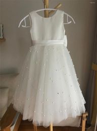 Girl Dresses Ivory Flower Satin Pearls With Belt Bow O Neck A Line Backless Kids Formal Party Gown Long Floor Length