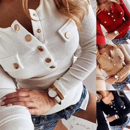 Women's Blouses Shirts Spring Autumn Fashion Sexy Women Long Sleeve Solid Colour Button-s Ribbed Slim Low-cut Blouse M-5XL woman cloth 230131