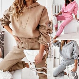 Womens Two Piece Pants 2 Pcs/Set Ankle-banded Elastic Waist Women Hoodie Set Long Sleeves Hooded Casual Loose Sporty Winter Tracksuit For