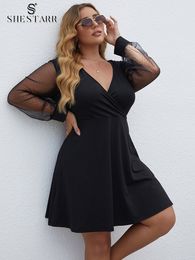 Plus size Dresses SHESTARR Size Party Dress Deep V Neck Sexy Long Sleeve Fashion Basic Solid Birthday Prom Ladies Clothing Women's 230130