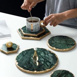 Table Mats & Pads Luxury Non-slip Emerald Real Marble Mug Place Mat Green Stone With Gold Inlay Heat Resistant Trivet DecorationMats MatsMat