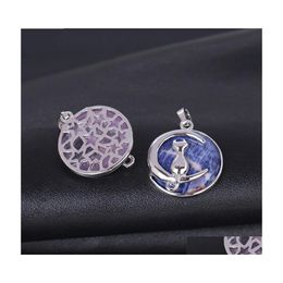 Charms Cat And Moon Natural Stone Charm Hollow Alloy Back Crystal Necklace Pendant Removable Cute Jewelry Accessories C3 Drop Delive Dhwju