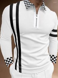 Men's Polos Polo Shirt Zipper Lapel Plaid Stitching Men's Long-sleeved Spring Summer Business Casual Straight Fashion Pullover Top