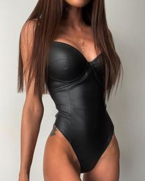 Sexy Set Womens Jumpsuits Rompers PU Leather Bodysuit Women Hollow Open Underwear Solid VNeck Sleeveless Black Stripped Skinny Jumpsuit 230131