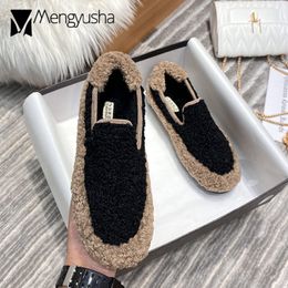 Dress Shoes mixed Colour lambfur flat shoes woman thicken padded warm plush winter loafers round toe antislip rubber flats furry espadrilles 230130