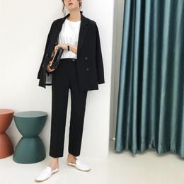 Women's Suits & Blazers Vintage Thicken Women Pant Suit Light Black Notched Blazer Jacket 2023 Autumn Winter Office Wear Female Sets