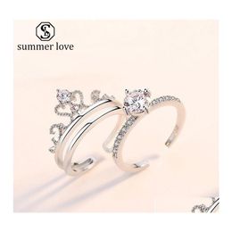 Band Rings High Quality Crown Ring Sets For Women Fashion 2In1 Sier Rhinestone Engagement Delicate Wedding Couple Valentines Day Dro Dhjgi