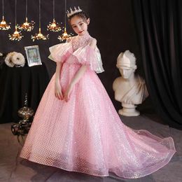 2021 Luxurious Lace Beaded Flower Girl Dresses Ball Gown Sheer Neck Lilttle Kids Birthday Pageant Weddding Gowns luxury Sweep Train crystal beaded Birthday Gowns