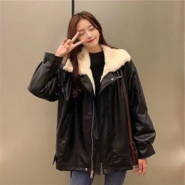 Women's Leather & Faux Winter Warm Artificial Jacket Casual Loose Motorcycle Street Style Large Coat Korean Fashion CoatWomen's