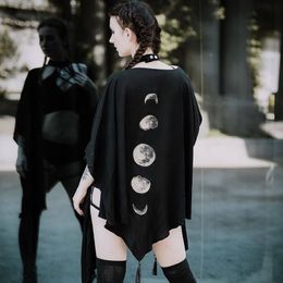 Women's Wool Blends FICHOR Gothic Moon Phase Black Cloak for Women Fall Winter Geometric Y2k Graphic Goth Outwear Oversized Irregular Ponchos Ladies 230130