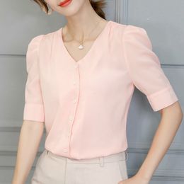 Women's TShirt Spring Summer Chiffon Shirt Women Korean Solid Colour V Collar Fashion Bottom Blouses Office Ladies Slim Work Clothes H9061 230131