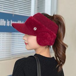 Ball Caps 2023 Autumn Winter Fashion Women's Knitted Fleece Hat Ladies With Earflaps Hats Empty Top Baseball Cap For Female