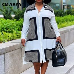 Plus size Dresses CMYAYA Size Women Striped Geometric L4XL Print Button Up Turn Down Neck Long Sleeve Blouse Style Dress 230130